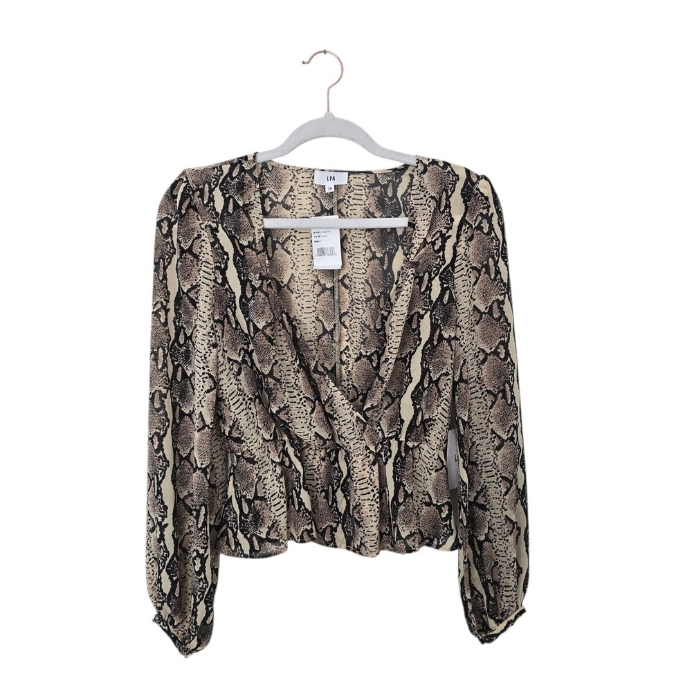 LPA Snake Print Blouse Women XS Tan New Surplice V-Neck Long Sleeve Top